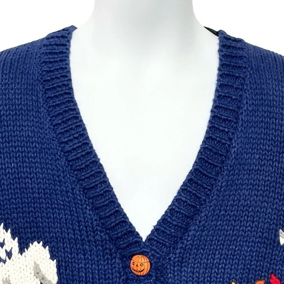 Vintage 90s Kids Hand Embroidered Chunky Halloween Cardigan Sweater Size 10/12 - Picture 3 of 15